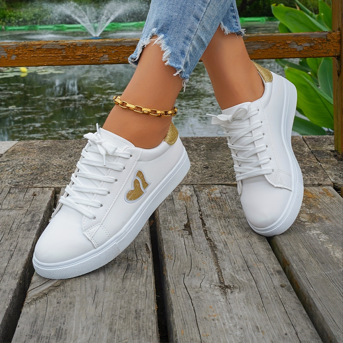 Women's White Heart Accent Fashion Sneakers with Lace-up and Rubber Sole
