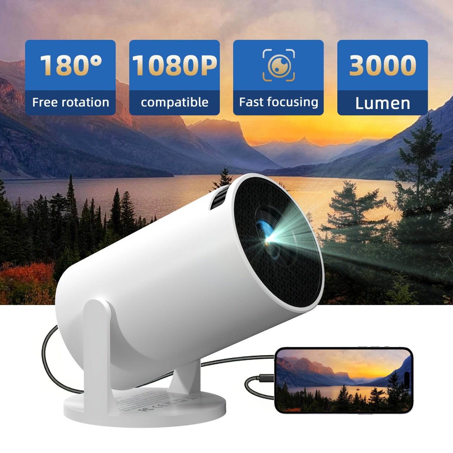 Mini Projector HD 1080p with Adjustable Projection and Smartphone Connectivity