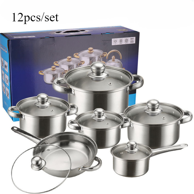Set of 12 Stainless Steel Cookware Pieces with Glass Lids for Gas Stoves