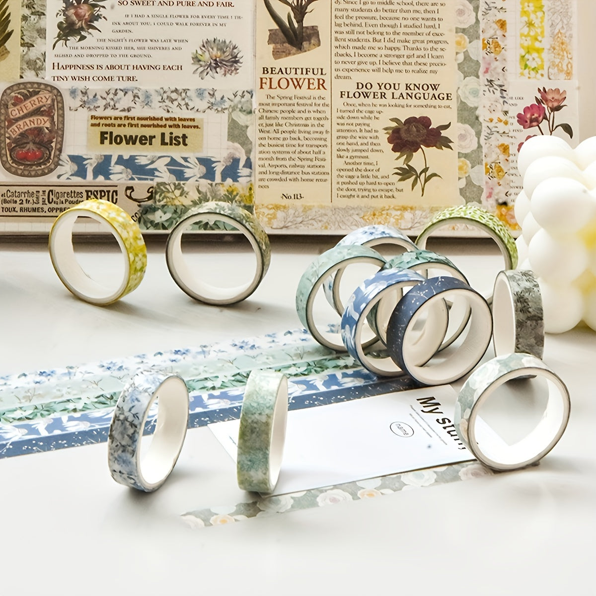 Juego de 5 rollos de cinta washi de la serie de plantas para diarios, manualidades y decoraciones