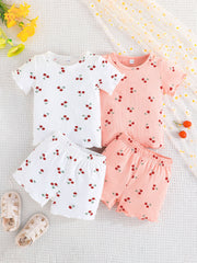 Girls Summer Set with Cherry Print T-Shirts and Shorts Lightweight and Machine Washable
