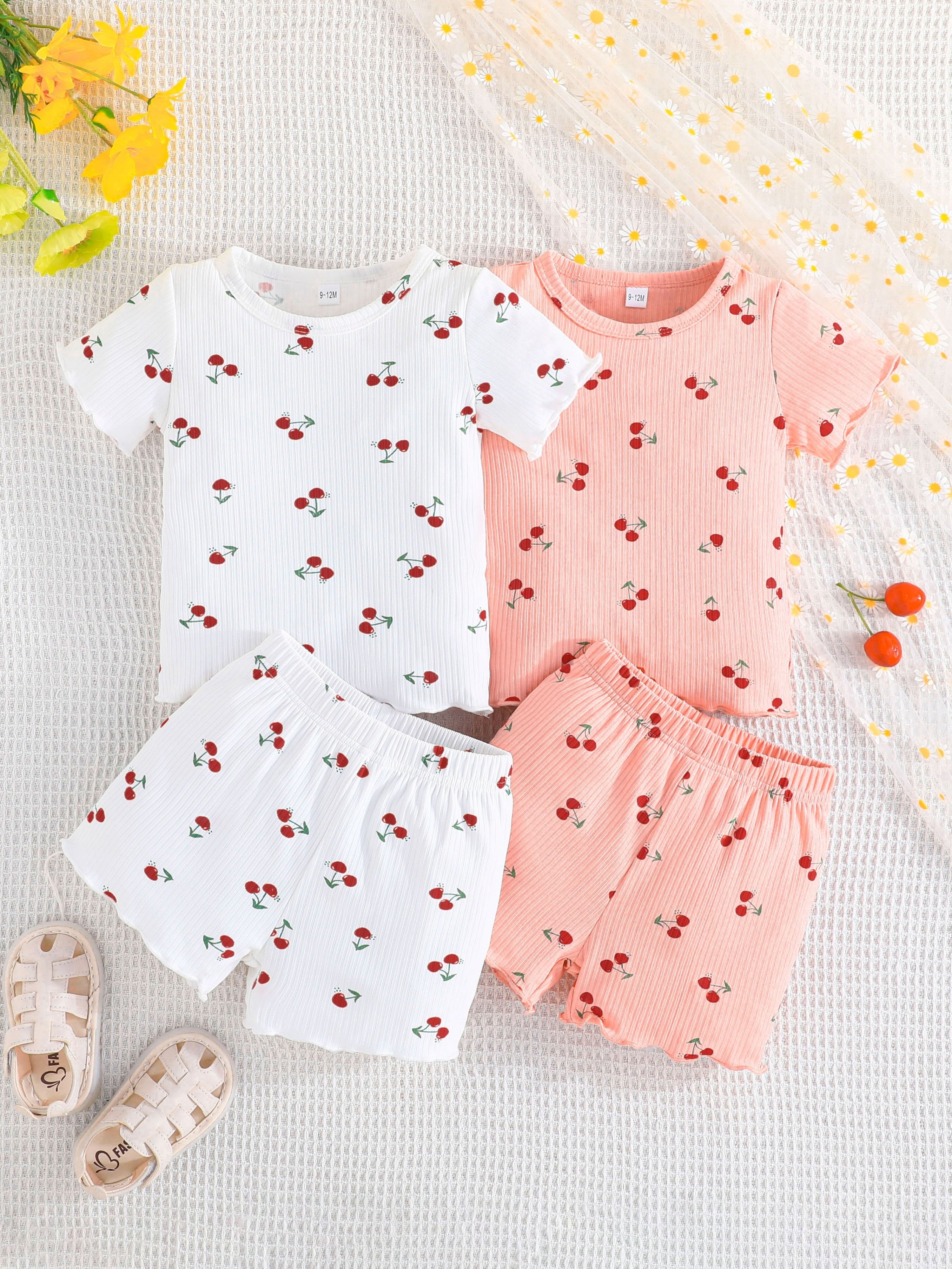 Girls Summer Set with Cherry Print T-Shirts and Shorts Lightweight and Machine Washable