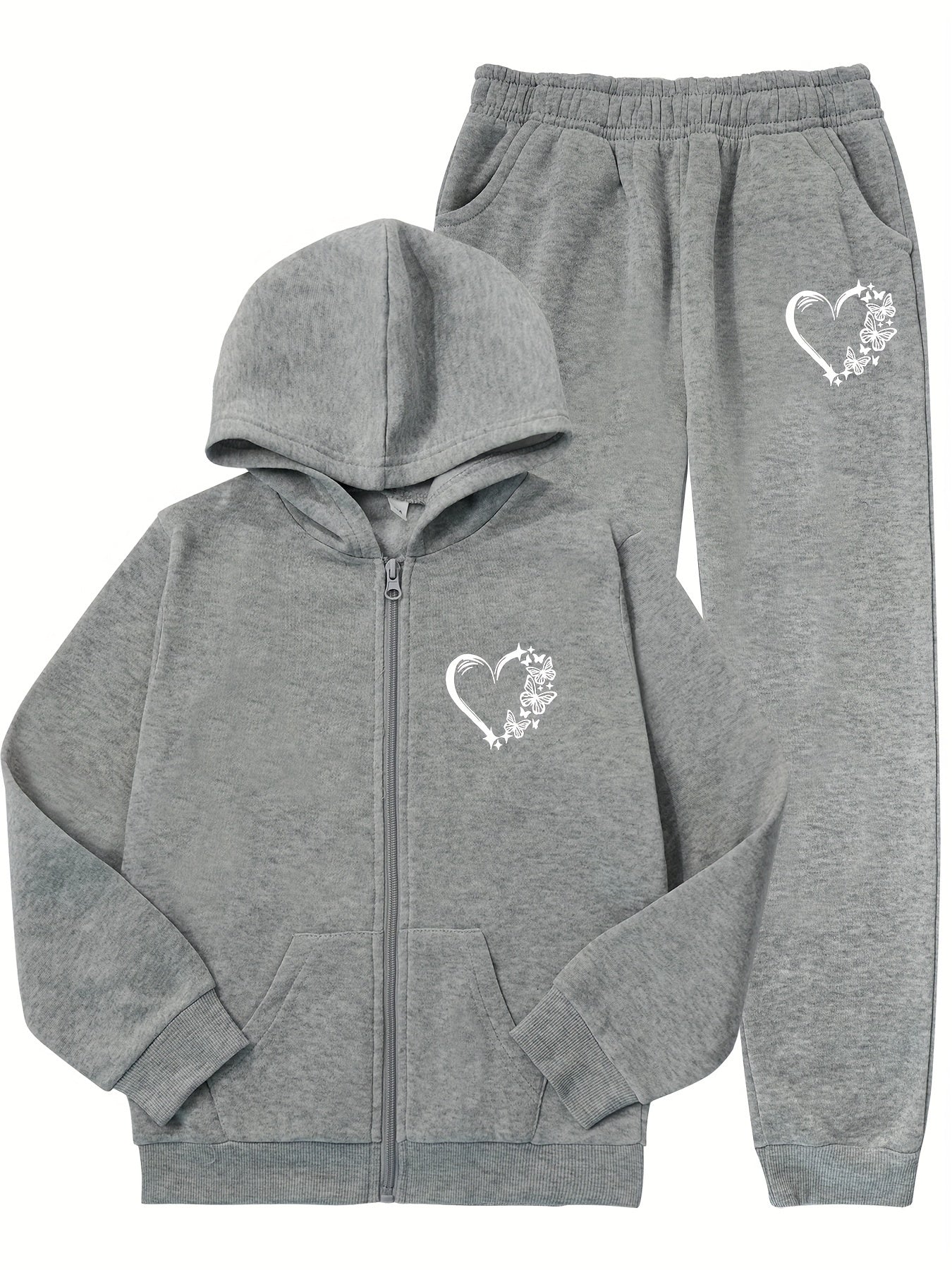 Girls' Girls' Casual Butterfly Heart Print Hooded Tracksuit Set Polyester Knit Long Sleeve Spring Fall