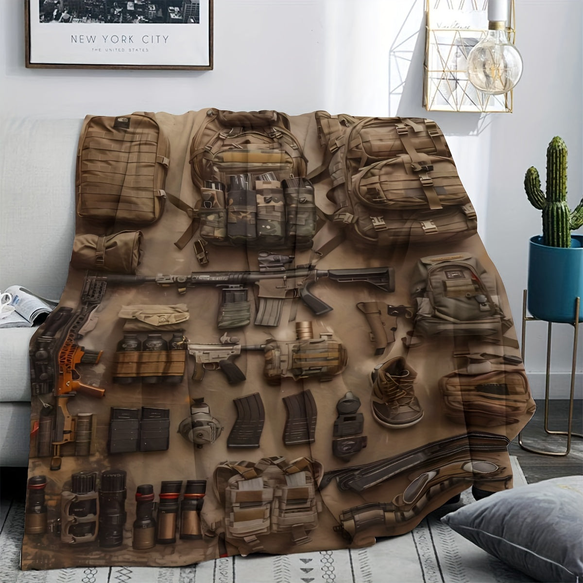Military-Inspired Flannel Throw Blanket with Digital Print Tactical Design Soft All-Season Knit Lightweight Versatile for Travel Home Office