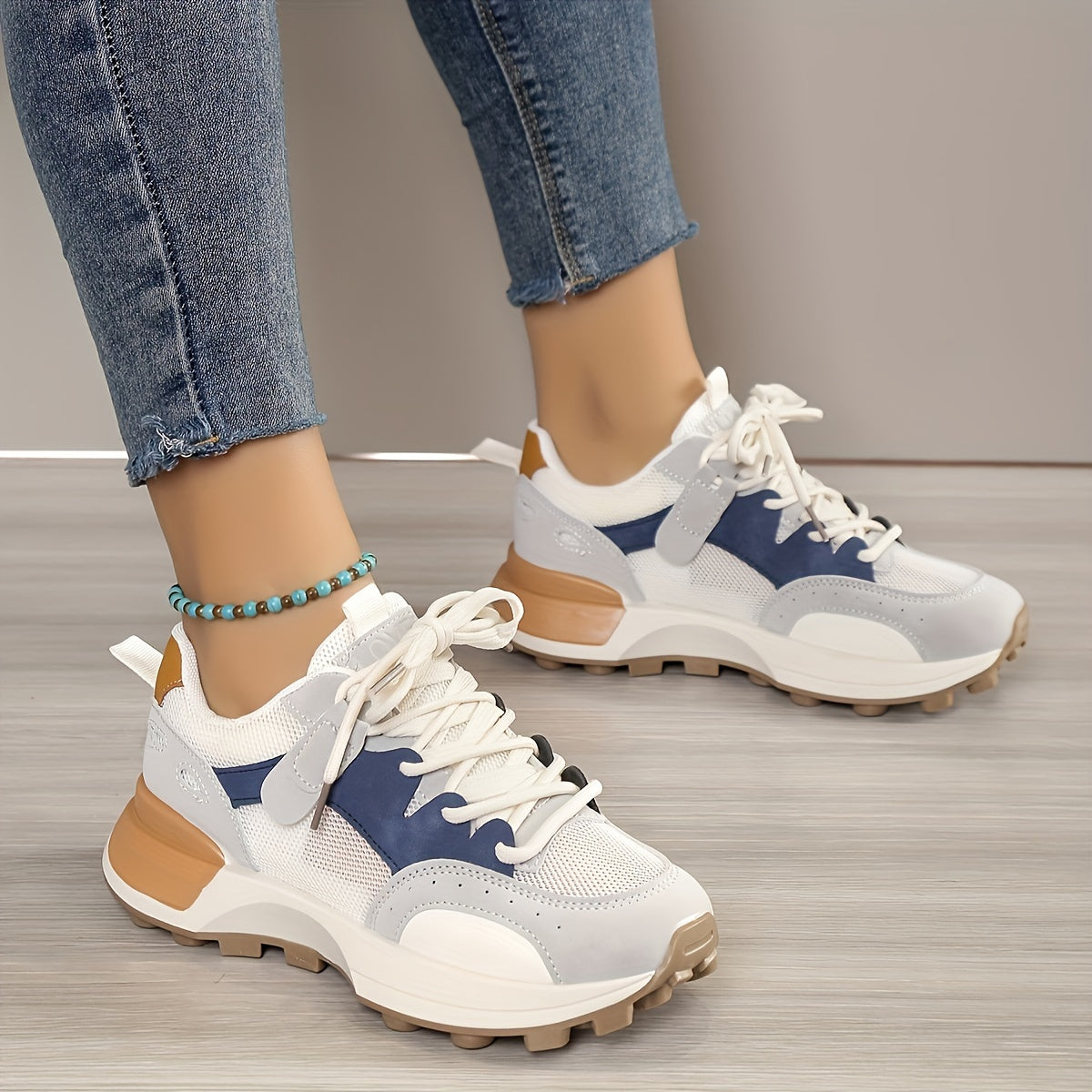 Women’s Colorblock Casual Sneakers, Lace Up Low-Top Breathable Trainers