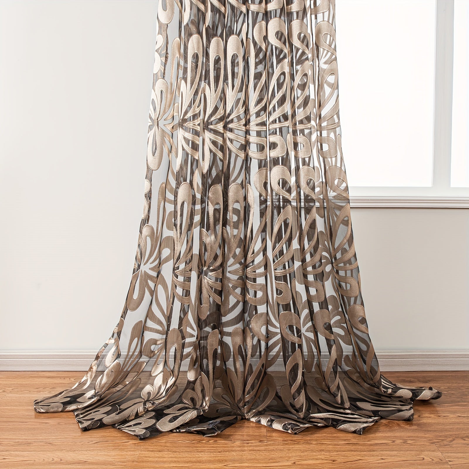 Geometrik shisha pardasi paneli jigarrang oq gullivor jacquard yengil polyester