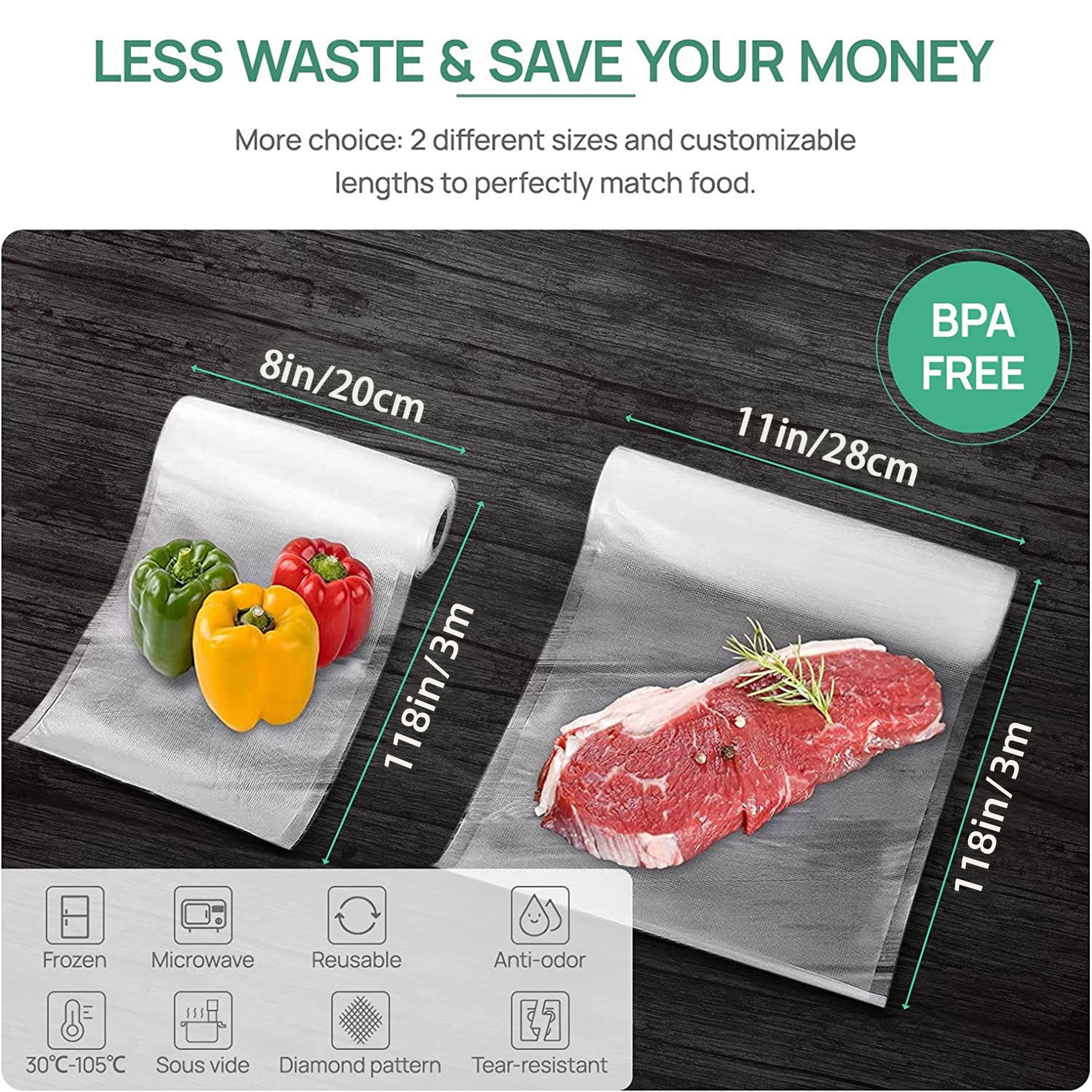Eight BPA-Free Vacuum Sealer Rolls for Food Storage Sous Vide and Kitchen Organization
