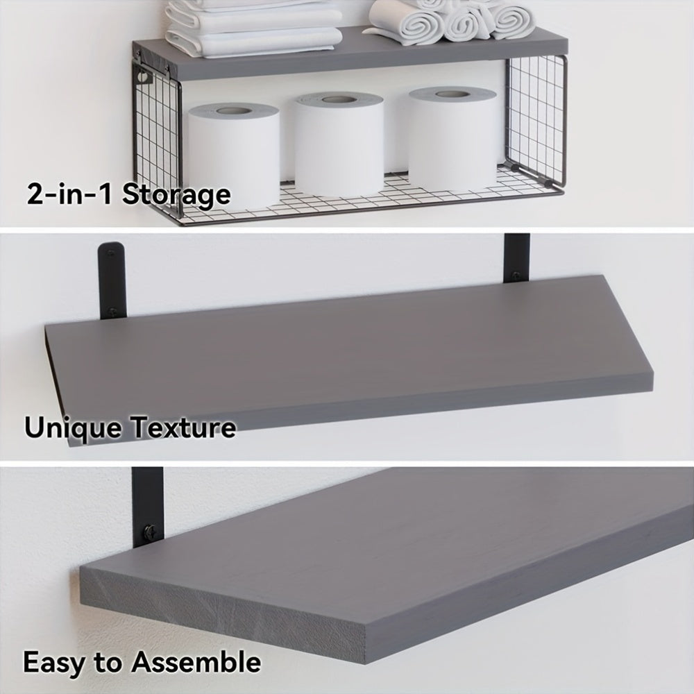 Yog'och va metalldan yasalgan devorga o'rnatiladigan suzuvchi javonlar, hammomni tartibga solish uchun saqlash savatlari bilan - oshxona va yashash xonasi uy bezaklari uchun zamonaviy ochiq saqlash javonlari, mustahkam qattiq yog'ochdan tayyorlangan.