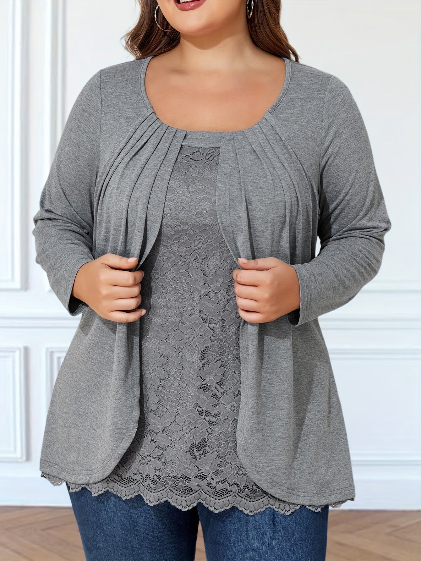 Plus Size Women's Lace Trim Pleated Long Sleeve T-Shirt Casual Summer Opaque