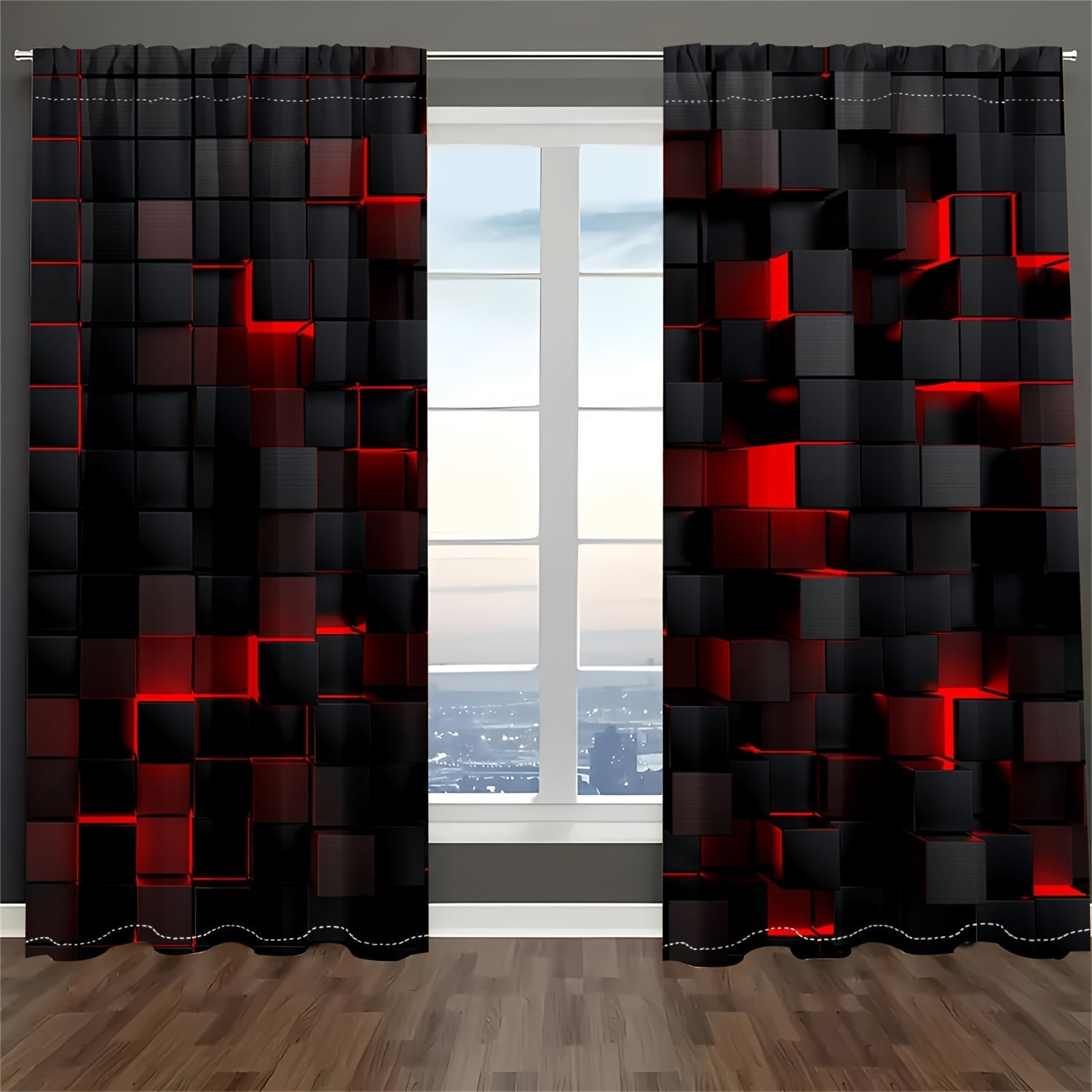 Set of 2 Abstract Red and Black Gradient Geometric Curtains Semi-Transparent Drapes for Living Room Bedroom Privacy