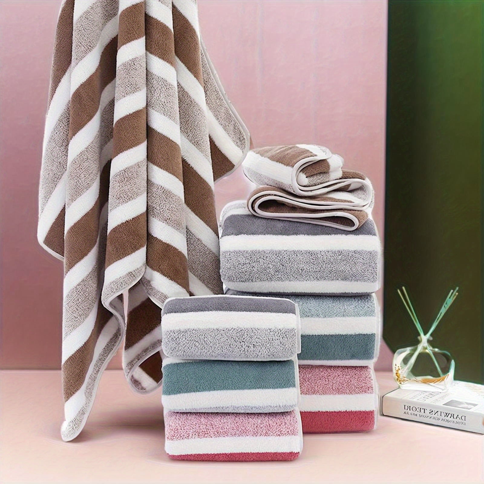 Set of 2 Soft Touch Striped Bath Towels Quick-Drying Highly Absorbent for Home Spa