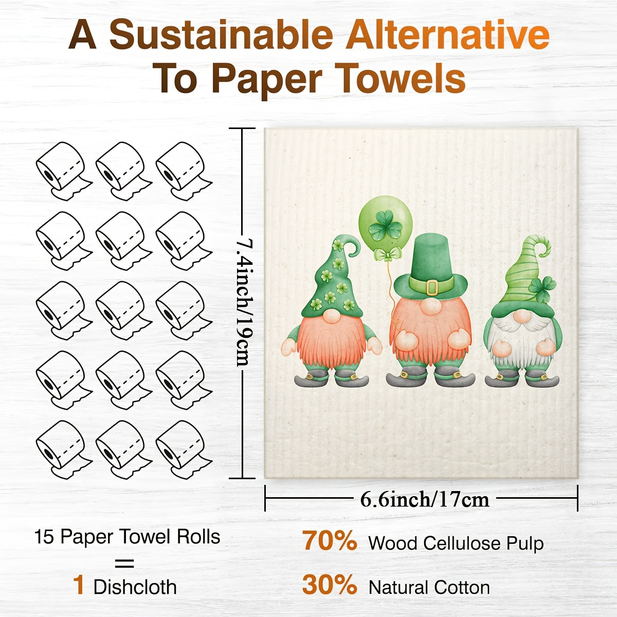 Six-Pack St. Patrick's Day Kitchen Towels Reusable Wood Pulp Fiber Gnome Clover