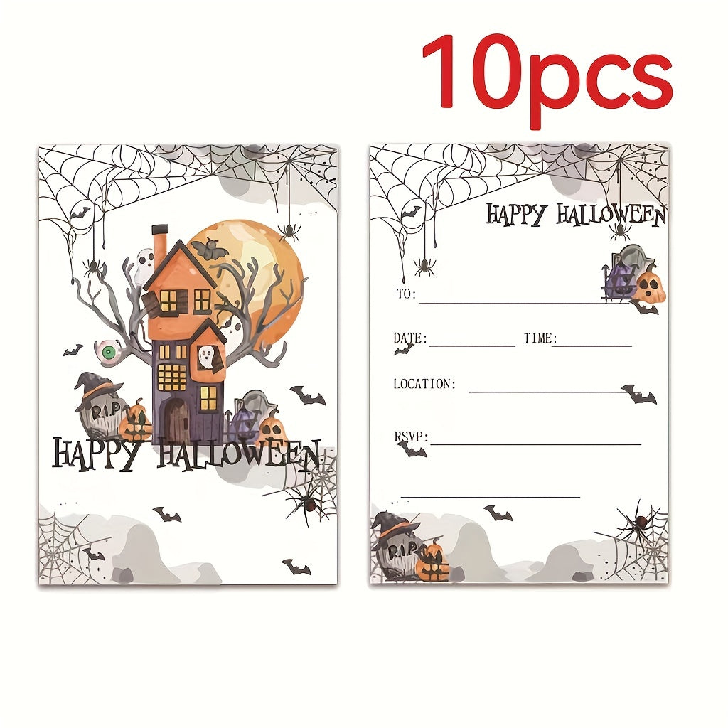 Halloween Party Invitations for Kids with Haunted House and Bat Designs