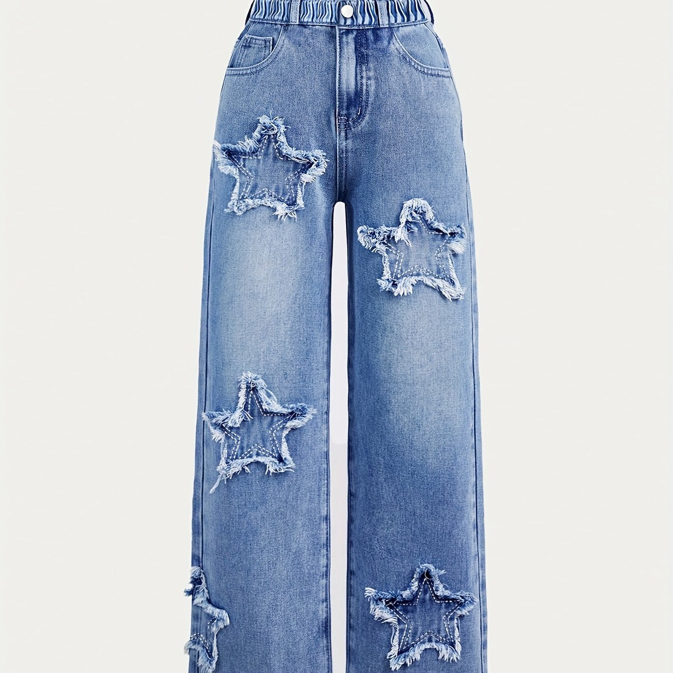 Girls Straight Leg Jeans with Embroidery and Elastic Waist for All Seasons