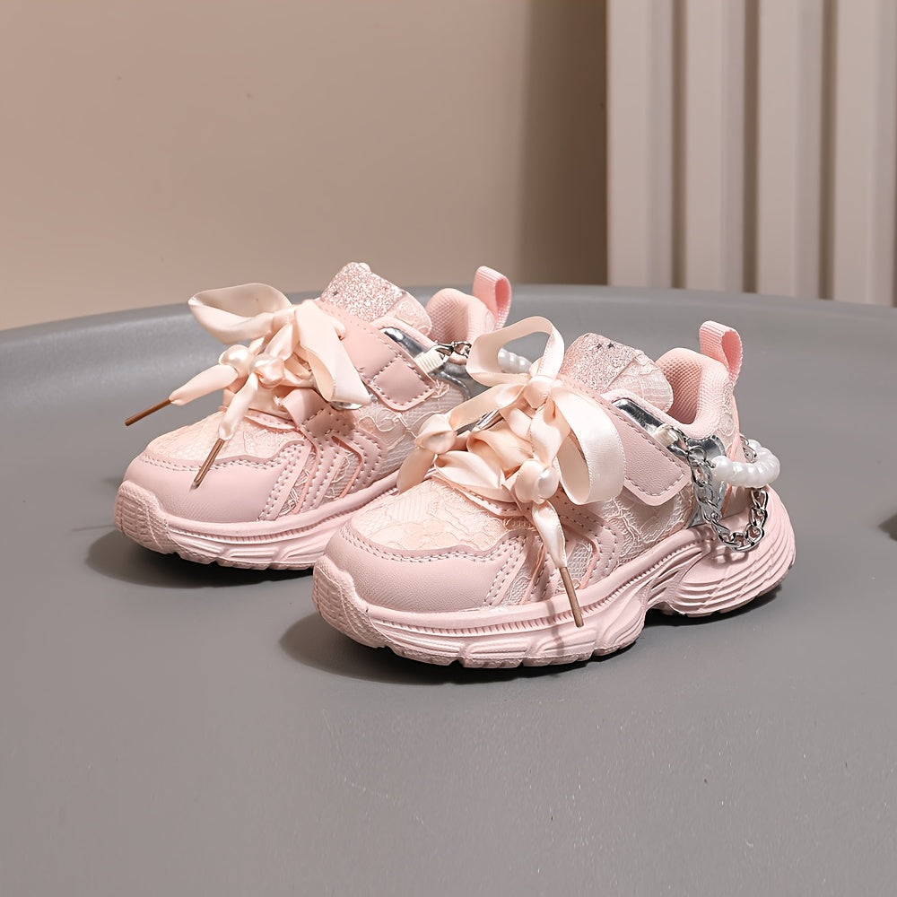Toddler Girls Sneakers with Pearl Chain Casual Lace-Up Breathable Fabric EVA Sole Beaded Design for Spring Fall