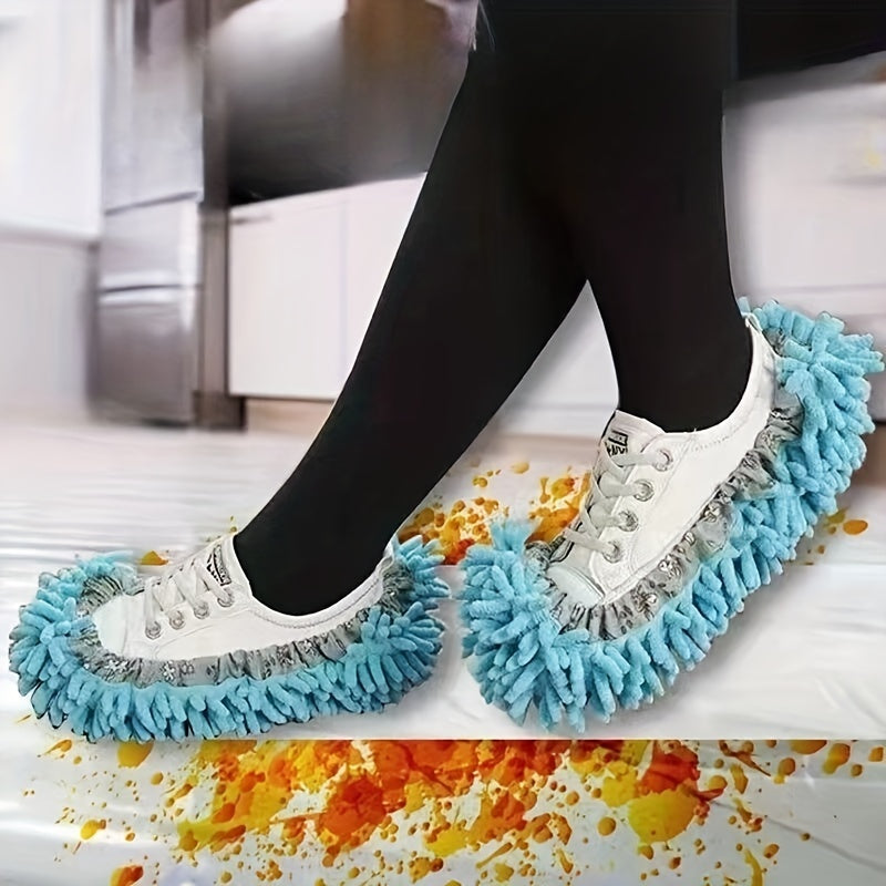 Blue and White Lace Pattern Plush Chenille Mop Slippers for Home Comfort