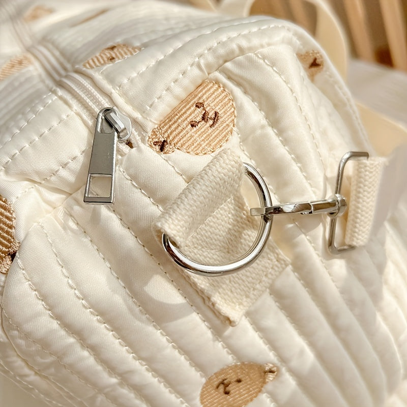 Large Capacity Storage Bag with Embroidered Bear Design for Travel and Organization