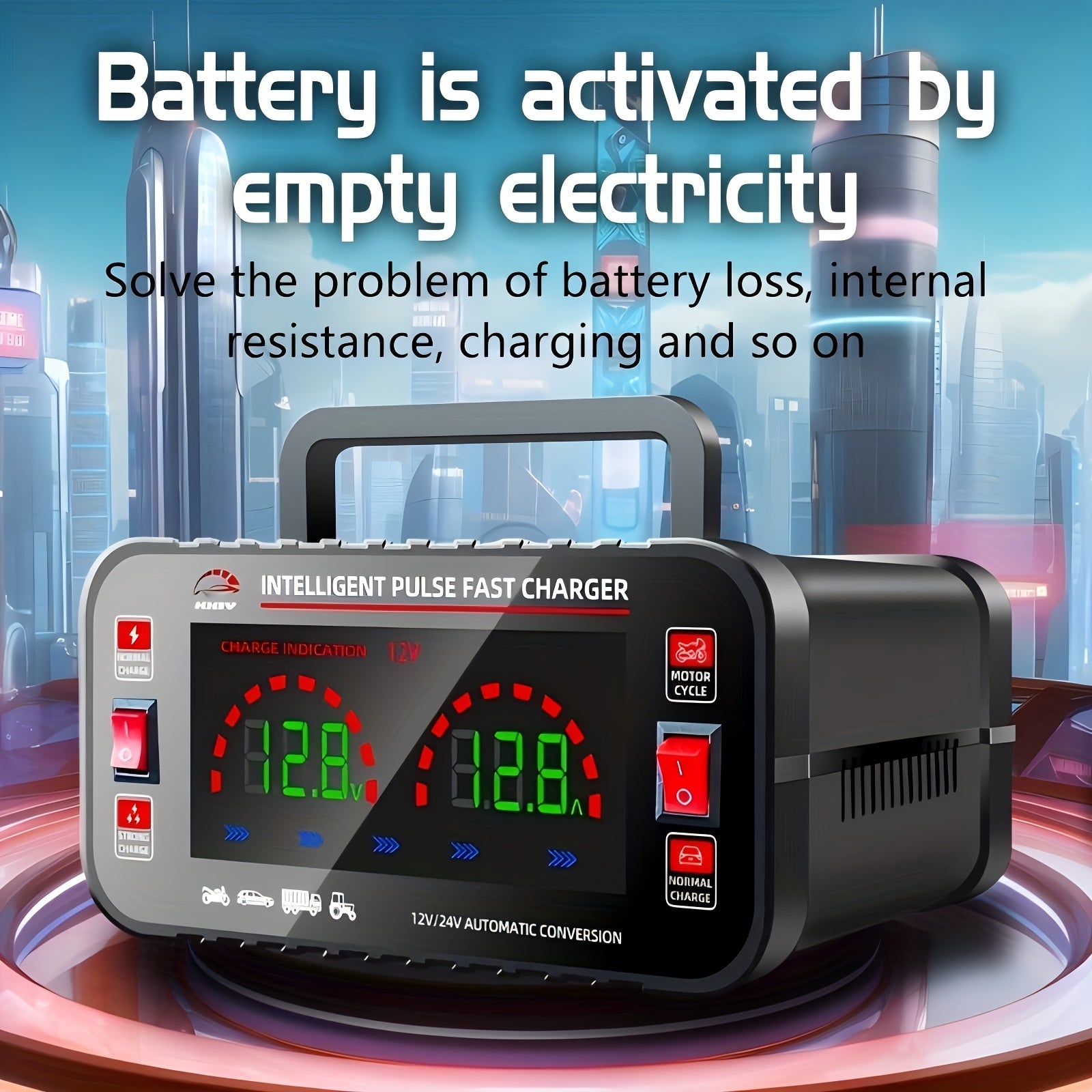 Smart Car Battery Charger with LCD Display 12V 24V Automatic Recognition Compatible with Cars Motorcycles Trucks