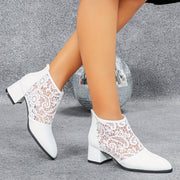 Women's Retro Lace-Up Chunky Heel Ankle Boots with Zipper Breathable Fabric