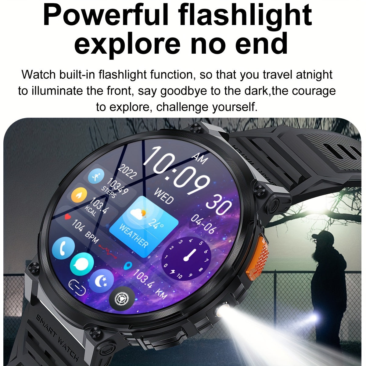 Reloj inteligente para hombres con pantalla HD de 4.7cm, llamadas inalámbricas, música, pronóstico del tiempo, rastreador deportivo, linterna LED compatible con iPhone y Android