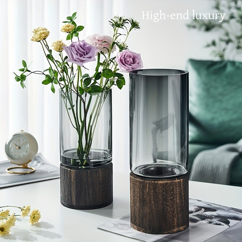 Glass Vase with Log Base Nordic Style for Living Room Decor