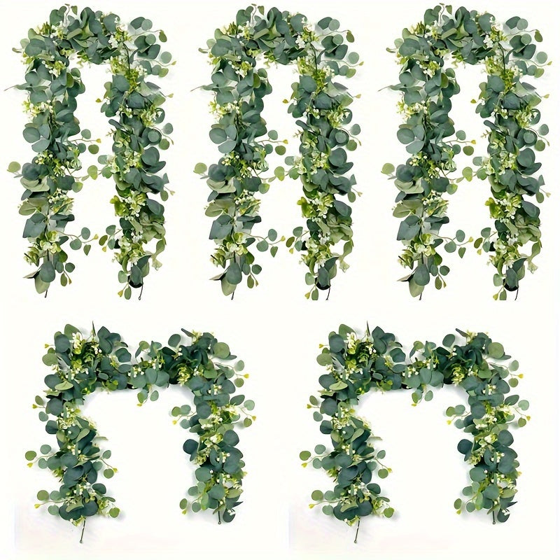 5-Pack Faux Eucalyptus Garland with White Flowers 179.83cm Artificial Silver Dollar Leaves for Home Decor Outdoor Patio