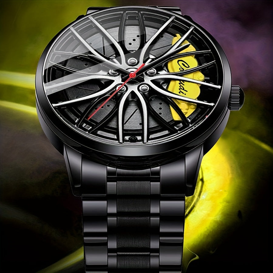 Men's Sports Watch with Car Wheel Hub Caliper Design Steel Band Luminous Hollow Dial