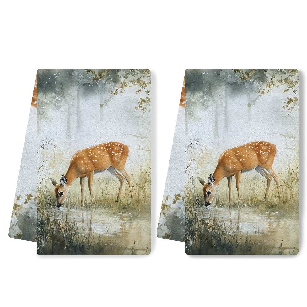 Set of 2 Ultra Soft Kitchen Towels Deer Grazing Scene 40x60cm Absorbent
