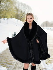 Plus Size Faux Fur Trim Cape for Women Fall Winter Open Front Shawl Solid Color