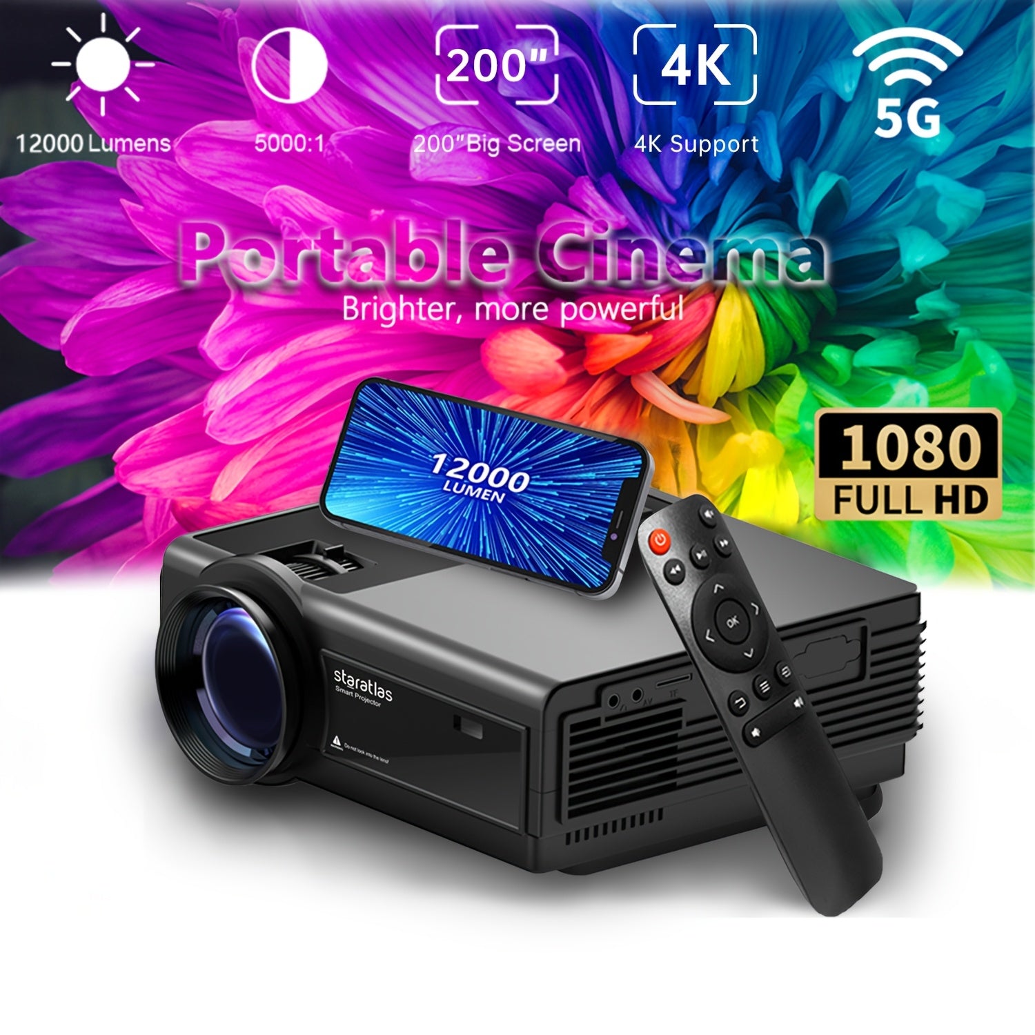 Portable Full HD 1080P WiFi Projector with 7.62m Display for Outdoor Movies and Home Cinema
