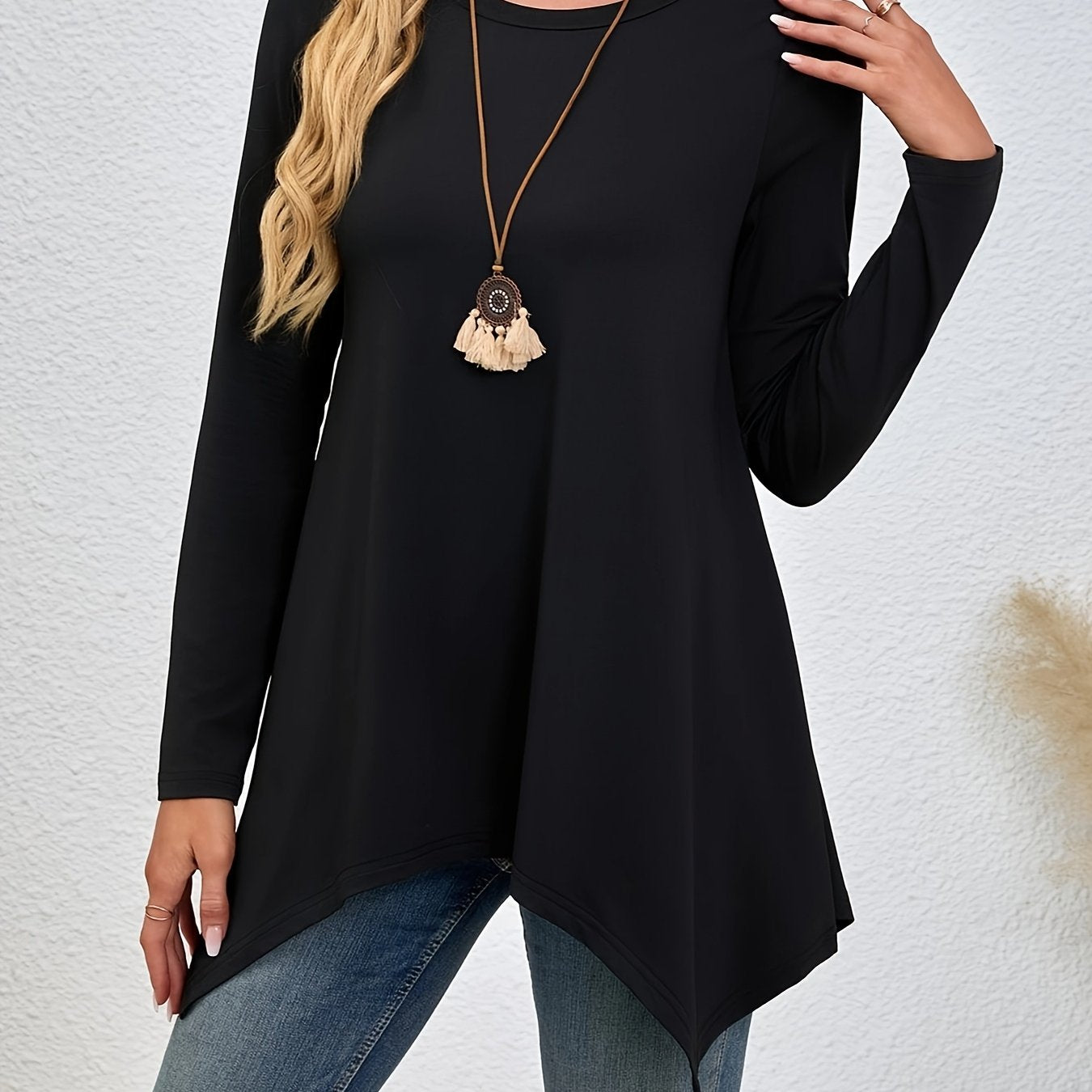 Women's Polyester Lounge Top Long Sleeve Round Neck Asymmetric Hem Casual