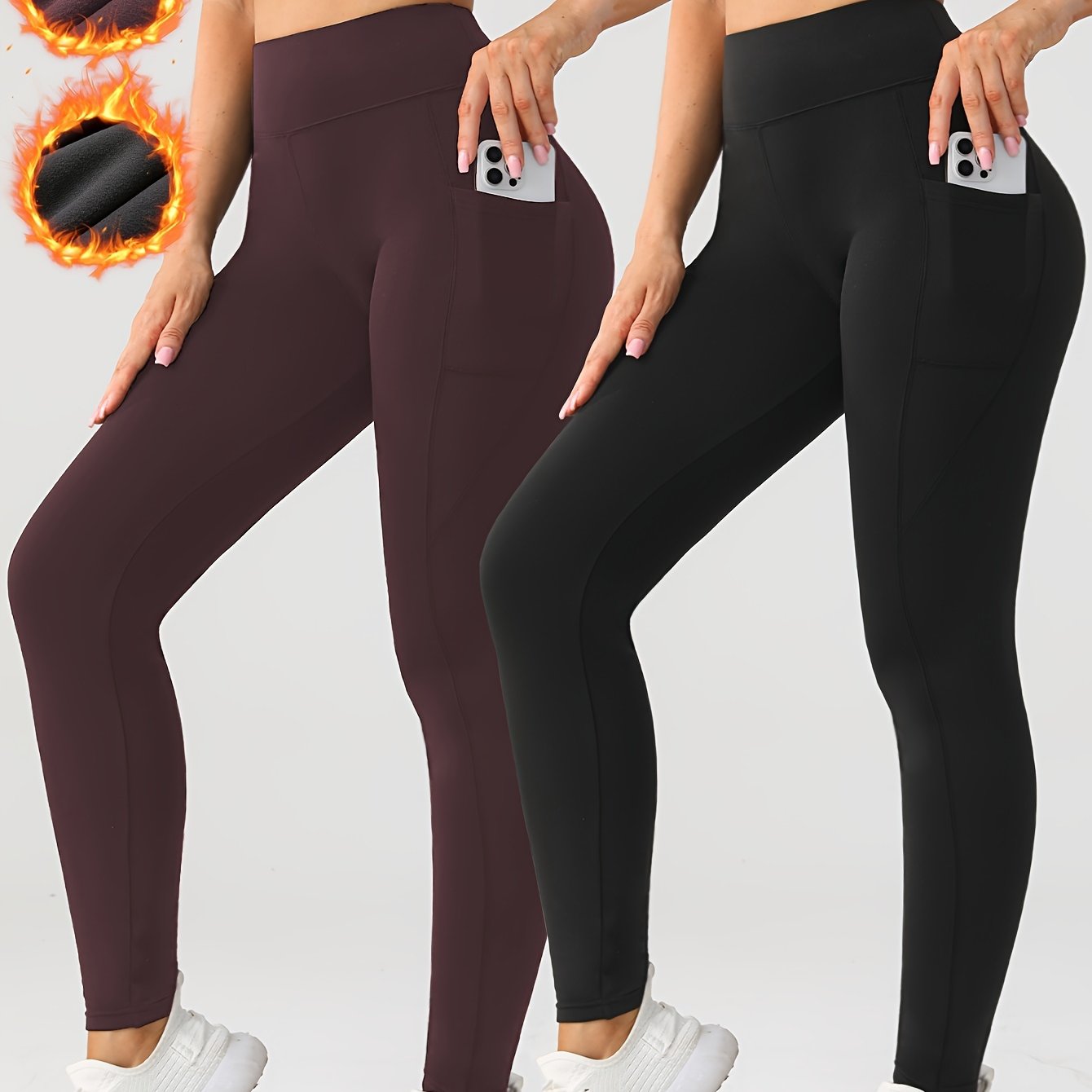 Women's Plus Size High Waist Yoga Pants Polyester Knit Skinny Tights with Pockets