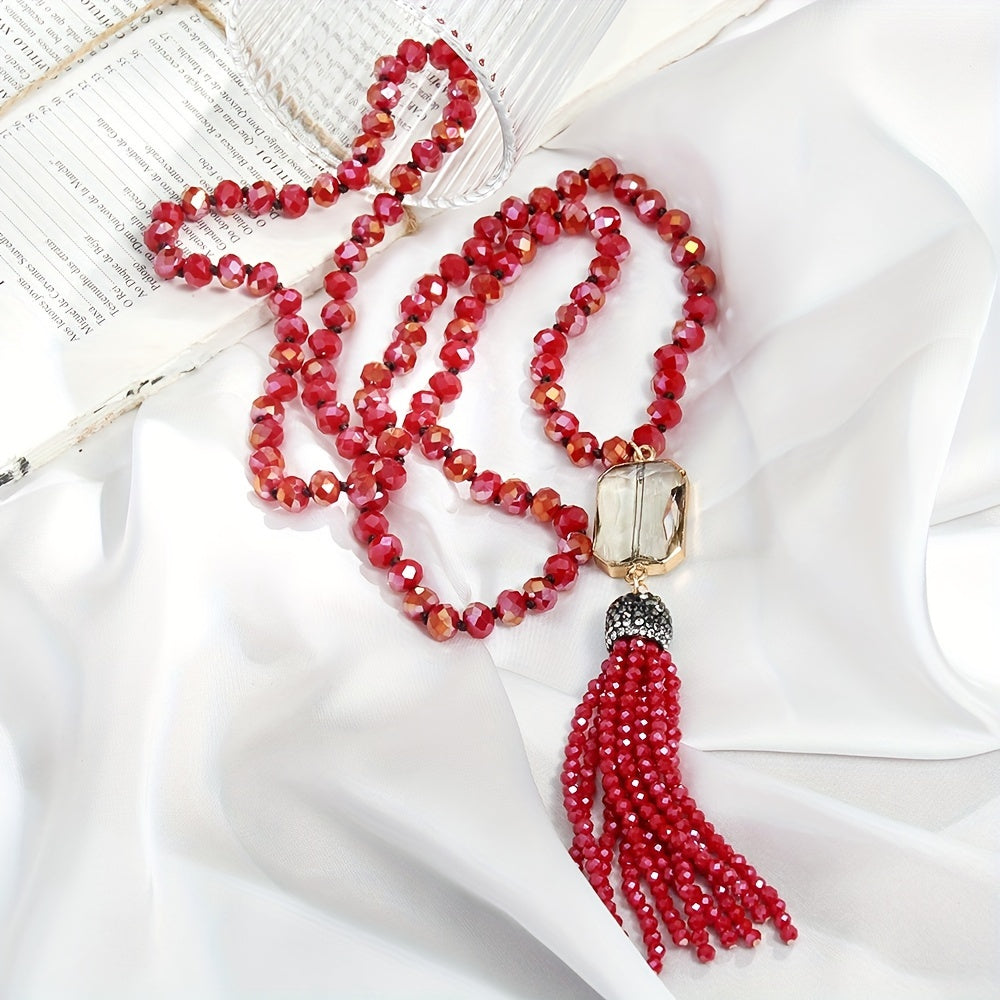 Boho Chic Glass Bead Necklace with Tassel for Women Spring Knotted Design