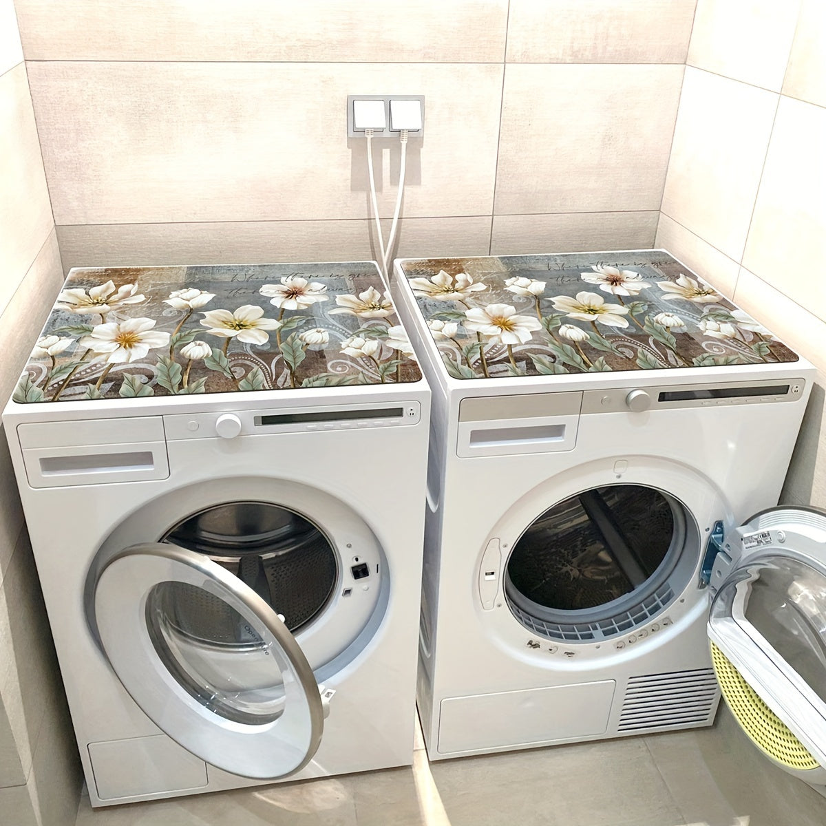 White Floral Print Dust Cover Mat for Microwave Refrigerator Washing Machine 50x60cm