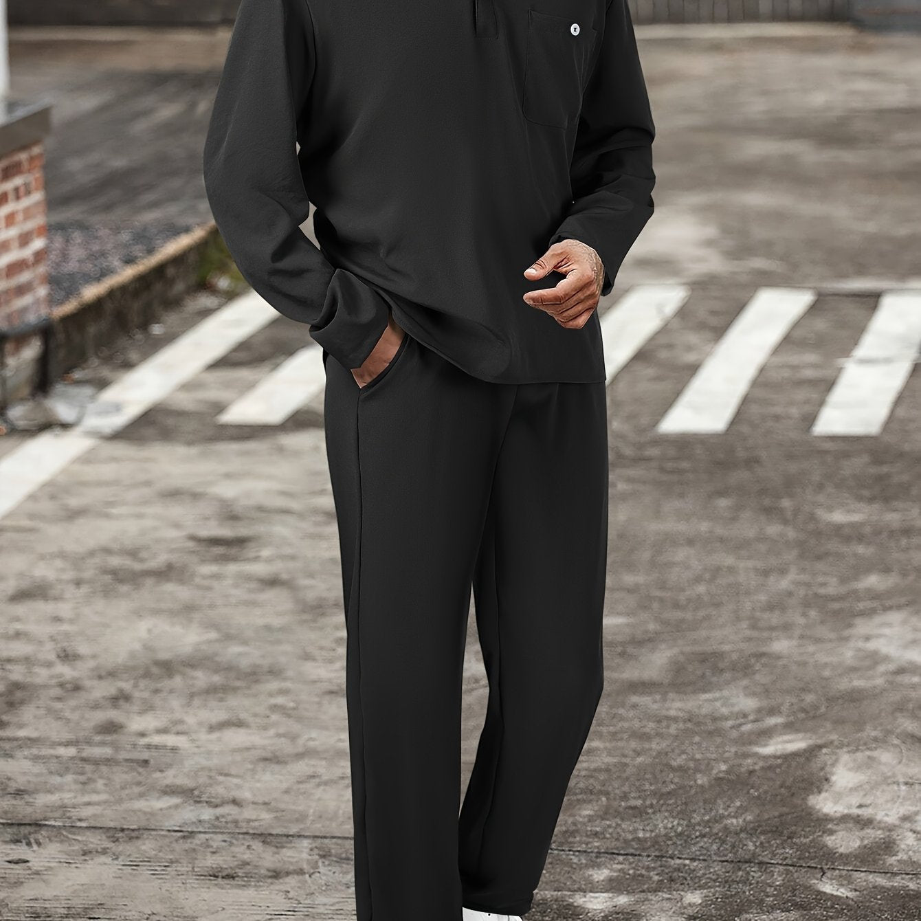 Men's Polyester Casual Sweatsuit with Collared Neck Solid Color Regular Fit Spring Fall
