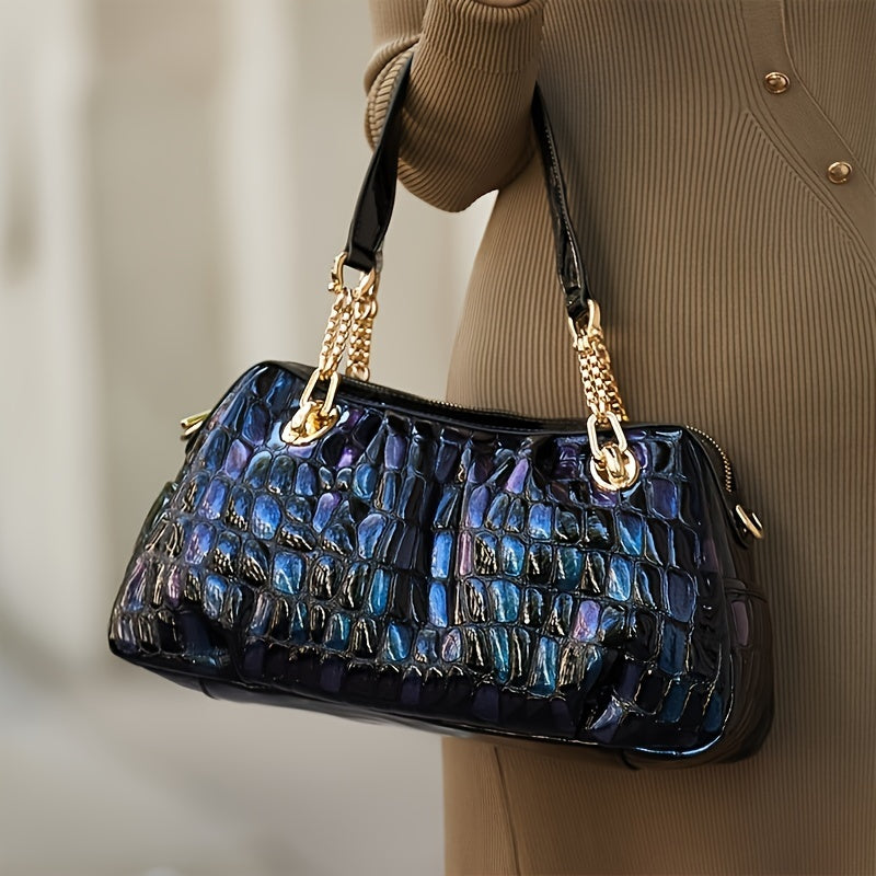 Leather Crocodile Pattern Messenger Bag for Women with Adjustable Strap and Zipper Closure