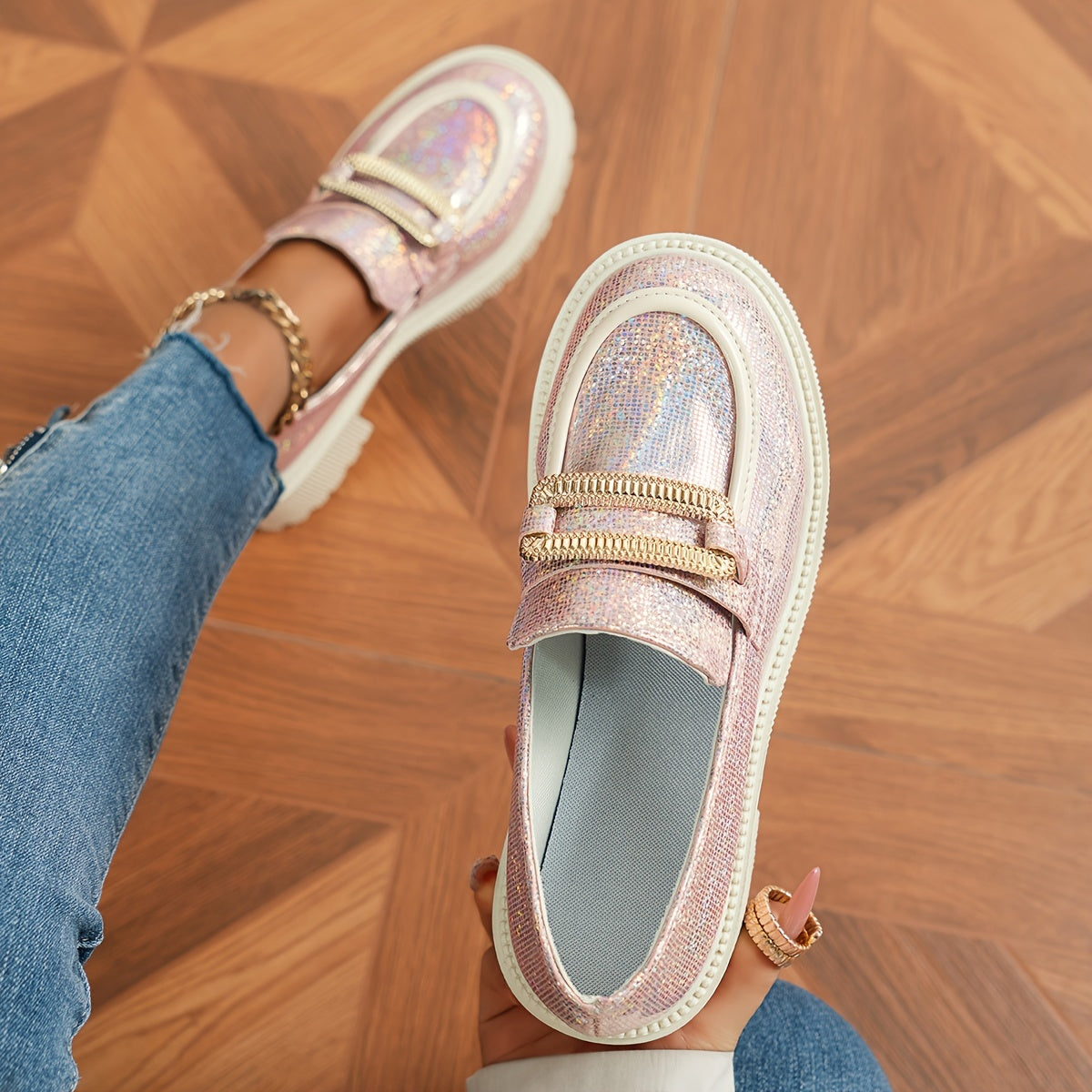 Women's Glitter Loafers Pink Sequin Slip-On Shoes with Chunky Heel