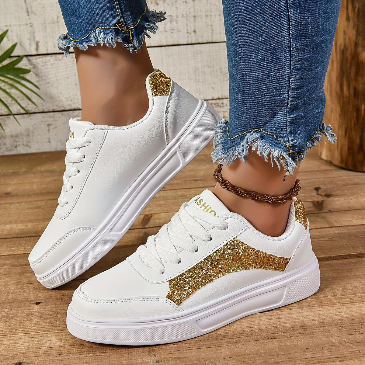 Women's Sequin Casual Sneakers Lace Up Lightweight Glitter Low-Top Shoes