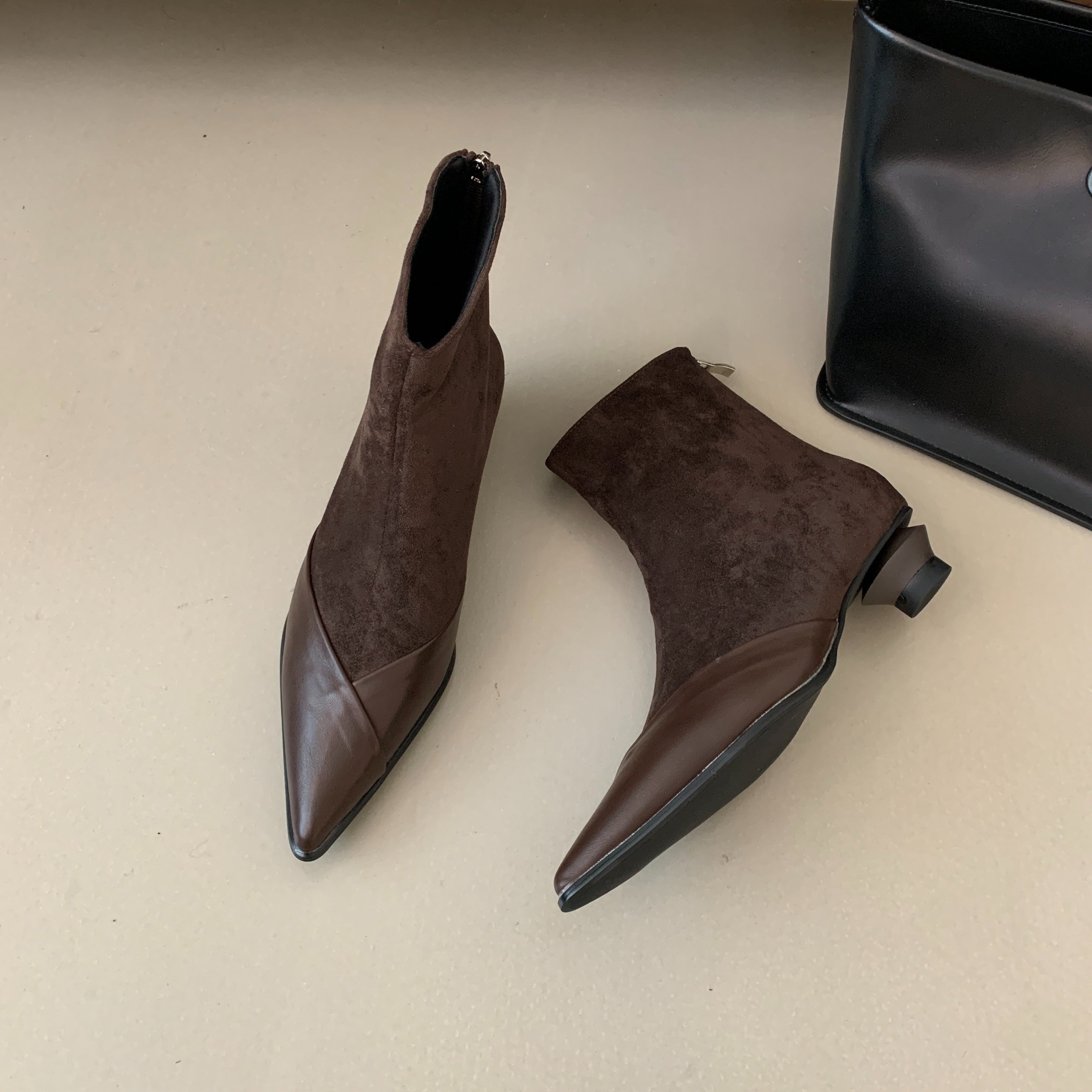 Women's Ankle Booties Flannel Patchwork Pointed Toe Low Heel Winter