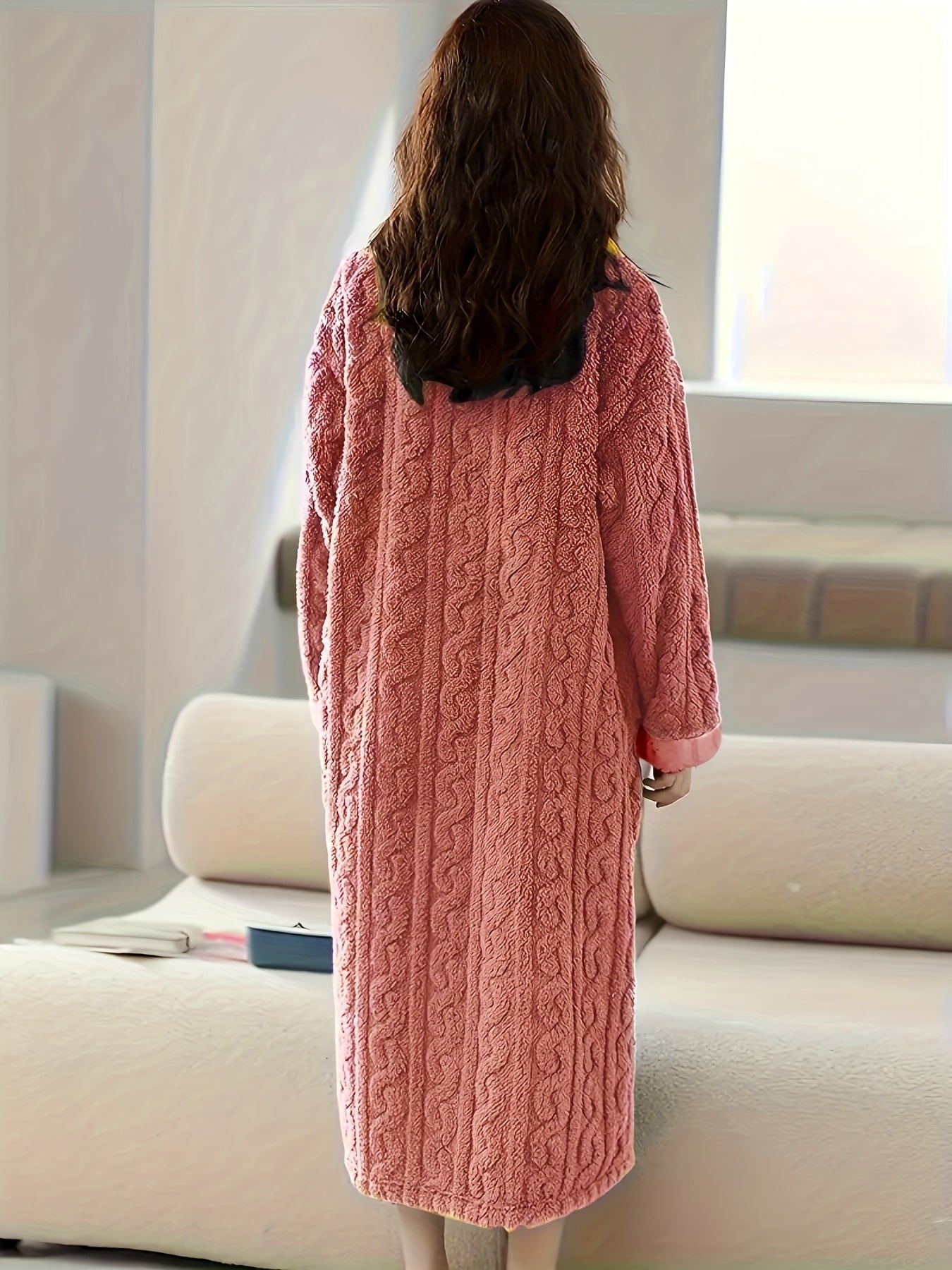 Long Coral Fleece Nightgown for Women Warm Autumn Winter Pajama Bathrobe with Pockets