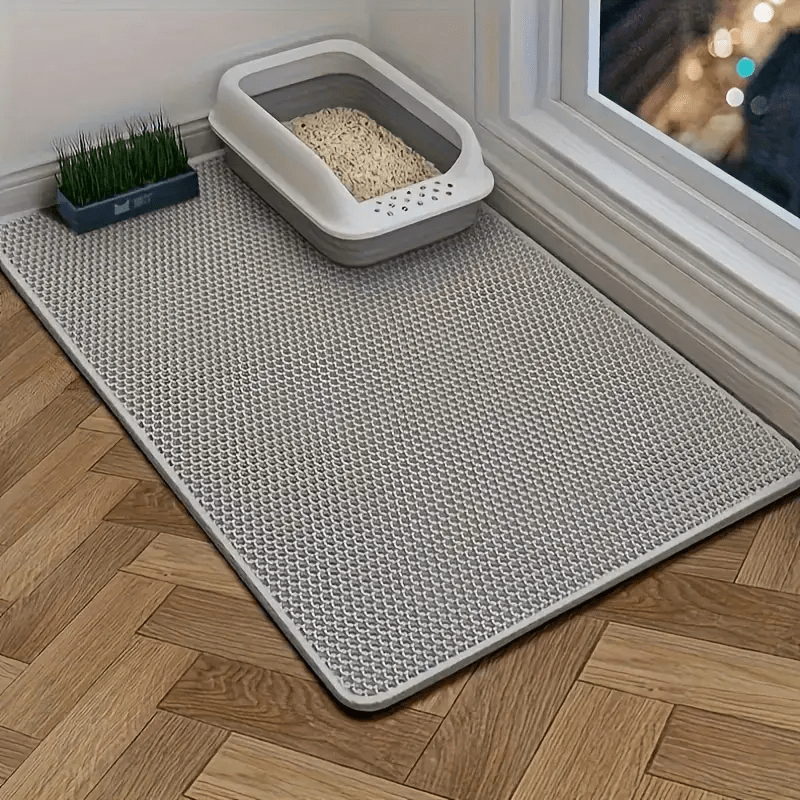 Alfombrilla de doble capa para arena de gato EVA con bordes elevados anti-disperción, superficie con agarre hexagonal, fácil de limpiar, compatible con todas las cajas de arena