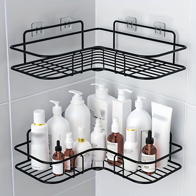 Black Wall-Mounted Bathroom Storage Rack with Hooks and Adhesive