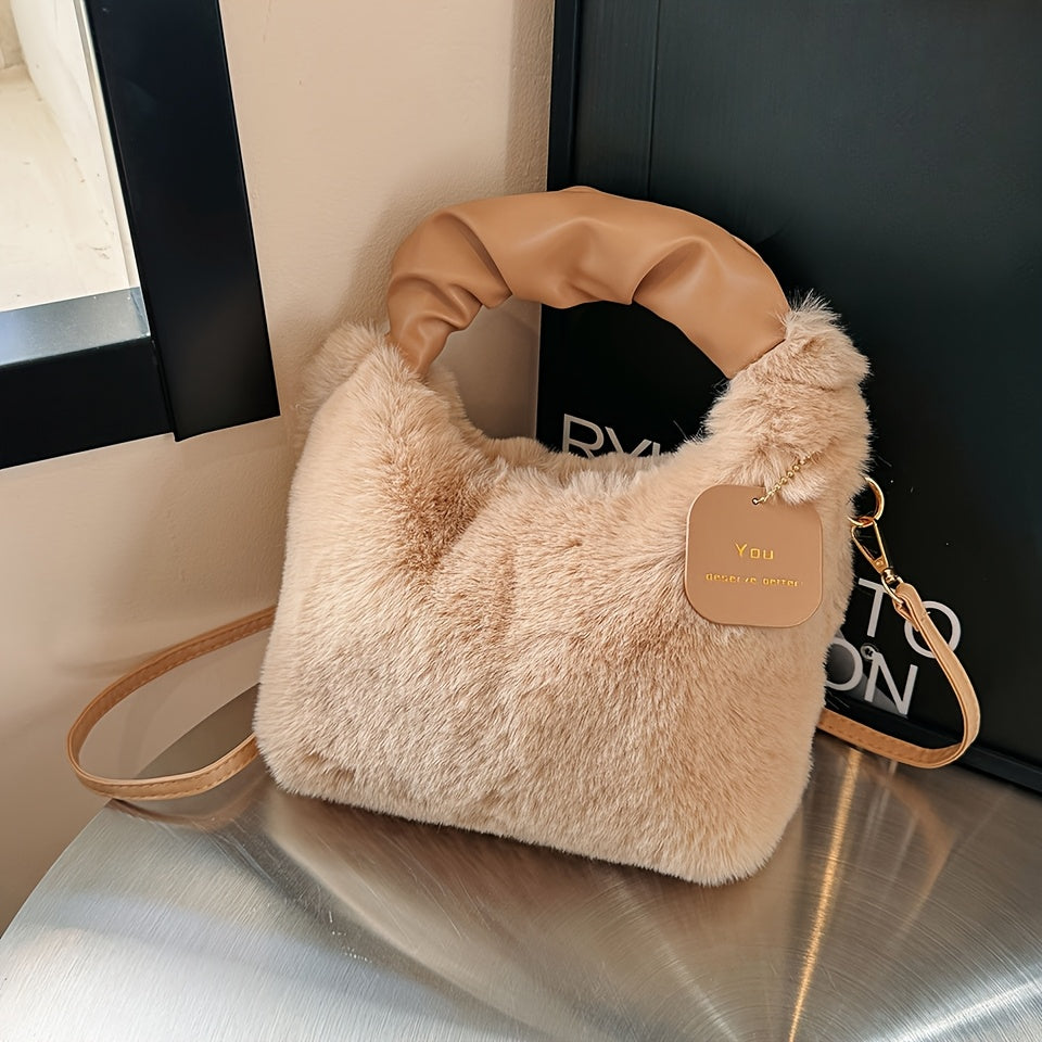 Faux Fur Crossbody Bag for Women Plush Zipper Closure Solid Color Autumn Winter