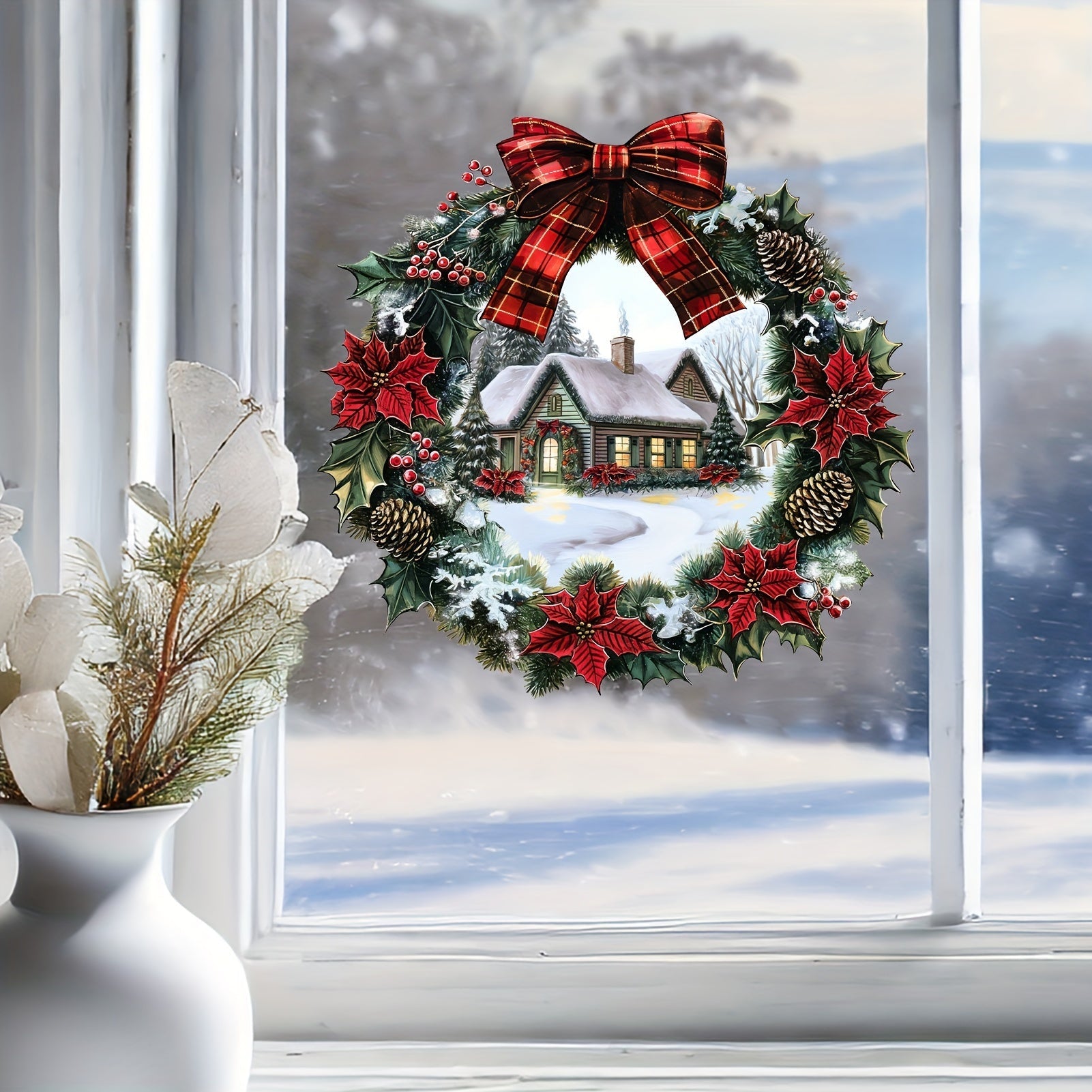 Adorno para ventana de corona de Navidad y casa de nieve para decorar en vidrio