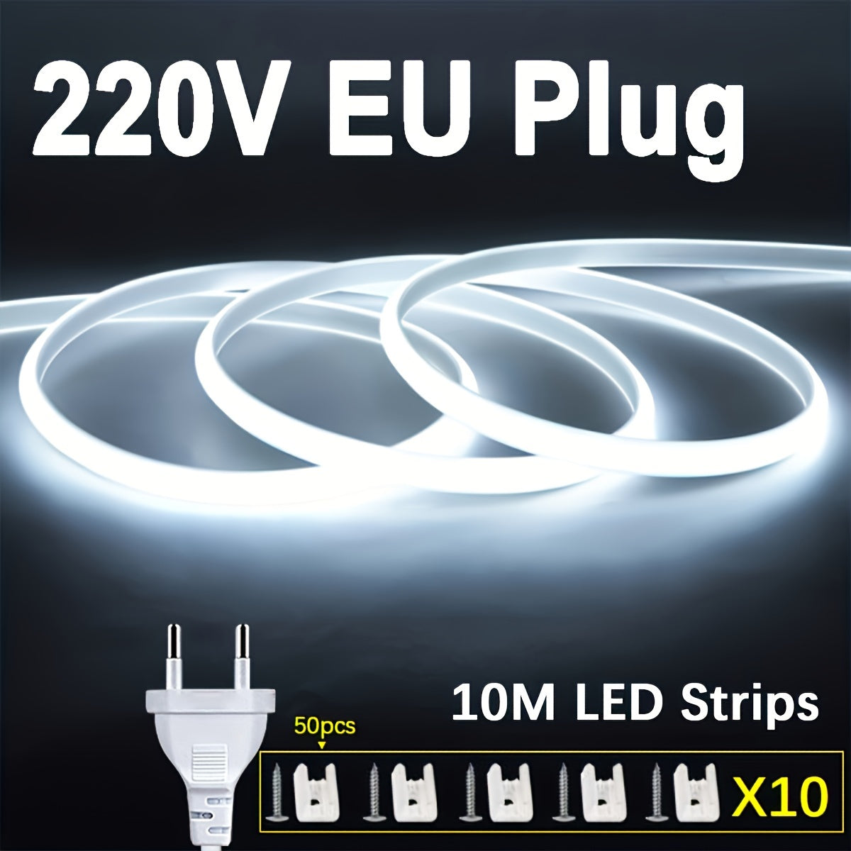 1 упаковка 220В COB гибкой светодиодной ленты с 288 светодиодов/м, 12Вт/м. Режущаяся 1м светодиодная лента для наружного освещения сада для кухни и спальни, включает бесплатные аксессуары и 1,2м EU штепсель с выключателем.