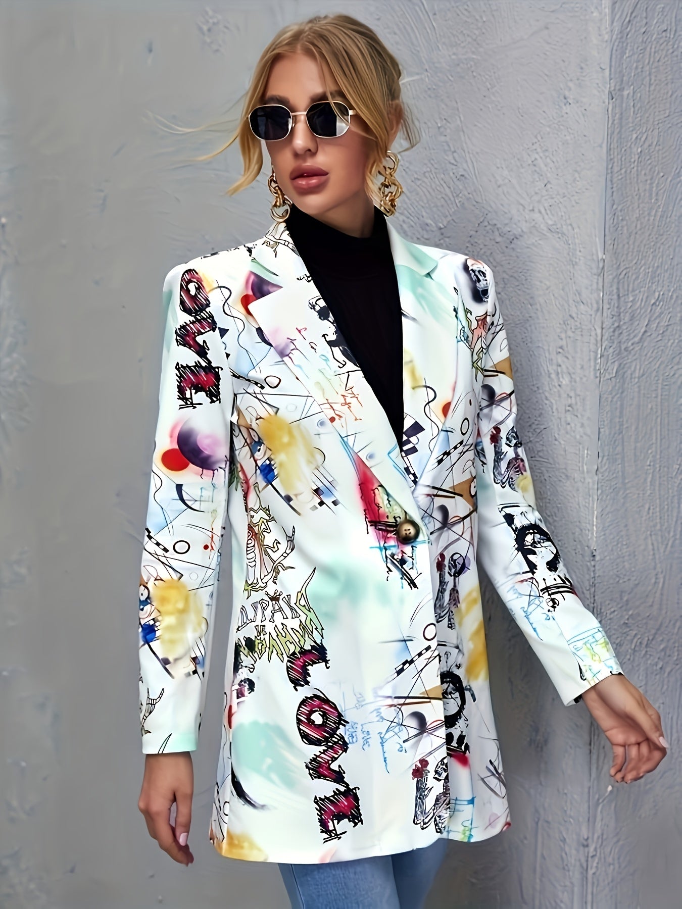 Plus Size Graffiti Print Blazer with Long Sleeves Open Front Casual Outerwear