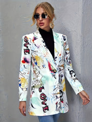Plus Size Graffiti Print Blazer with Long Sleeves Open Front Casual Outerwear