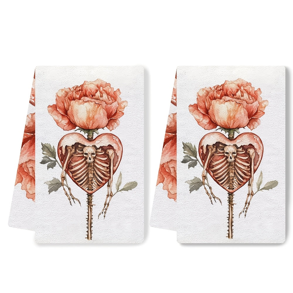 Set of 2 Ultra Soft Kitchen Towels Valentine’s Skeleton Heart Floral Absorbent