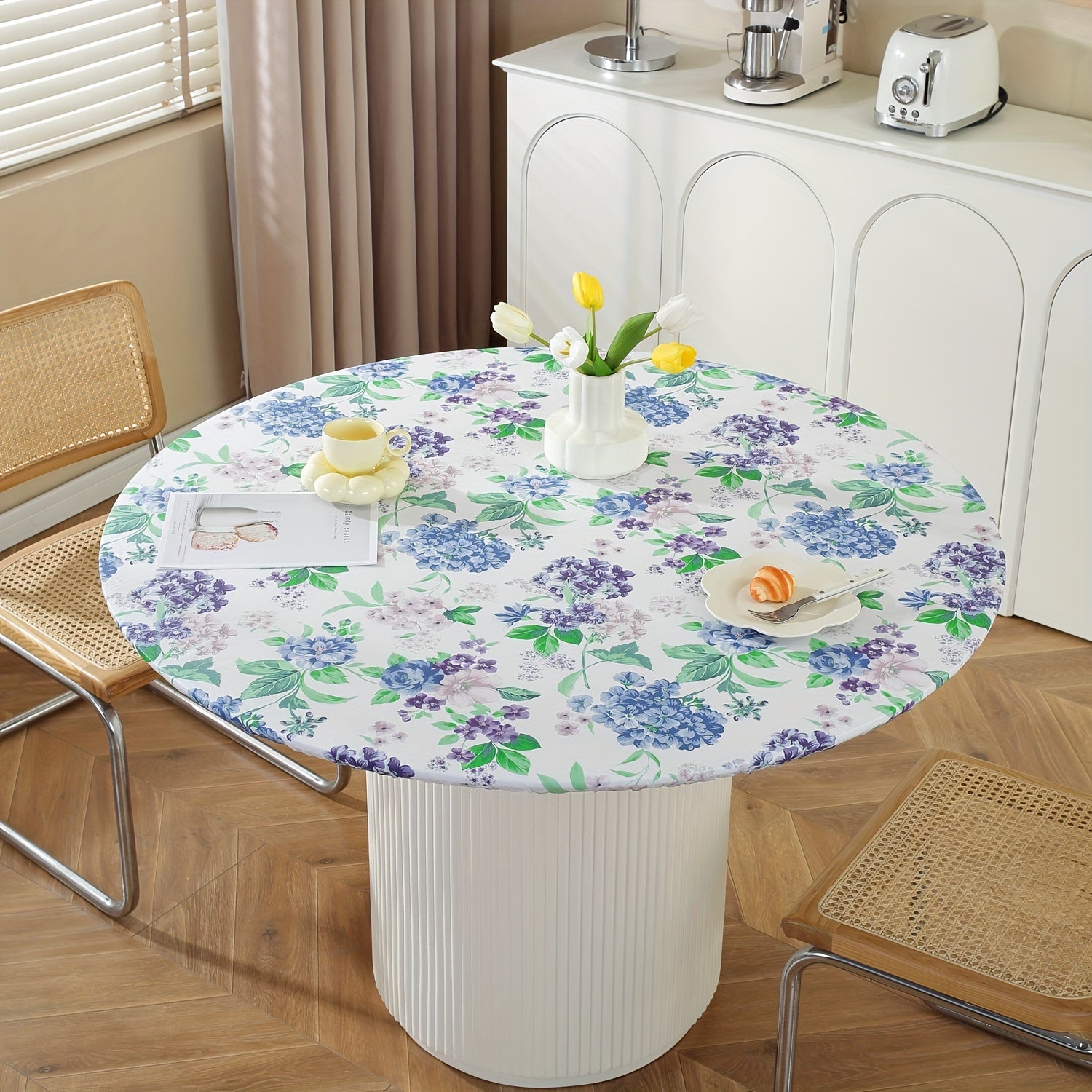Vinyl Fitted Round Tablecloth with Elastic Edge and Flannel Backing Blue