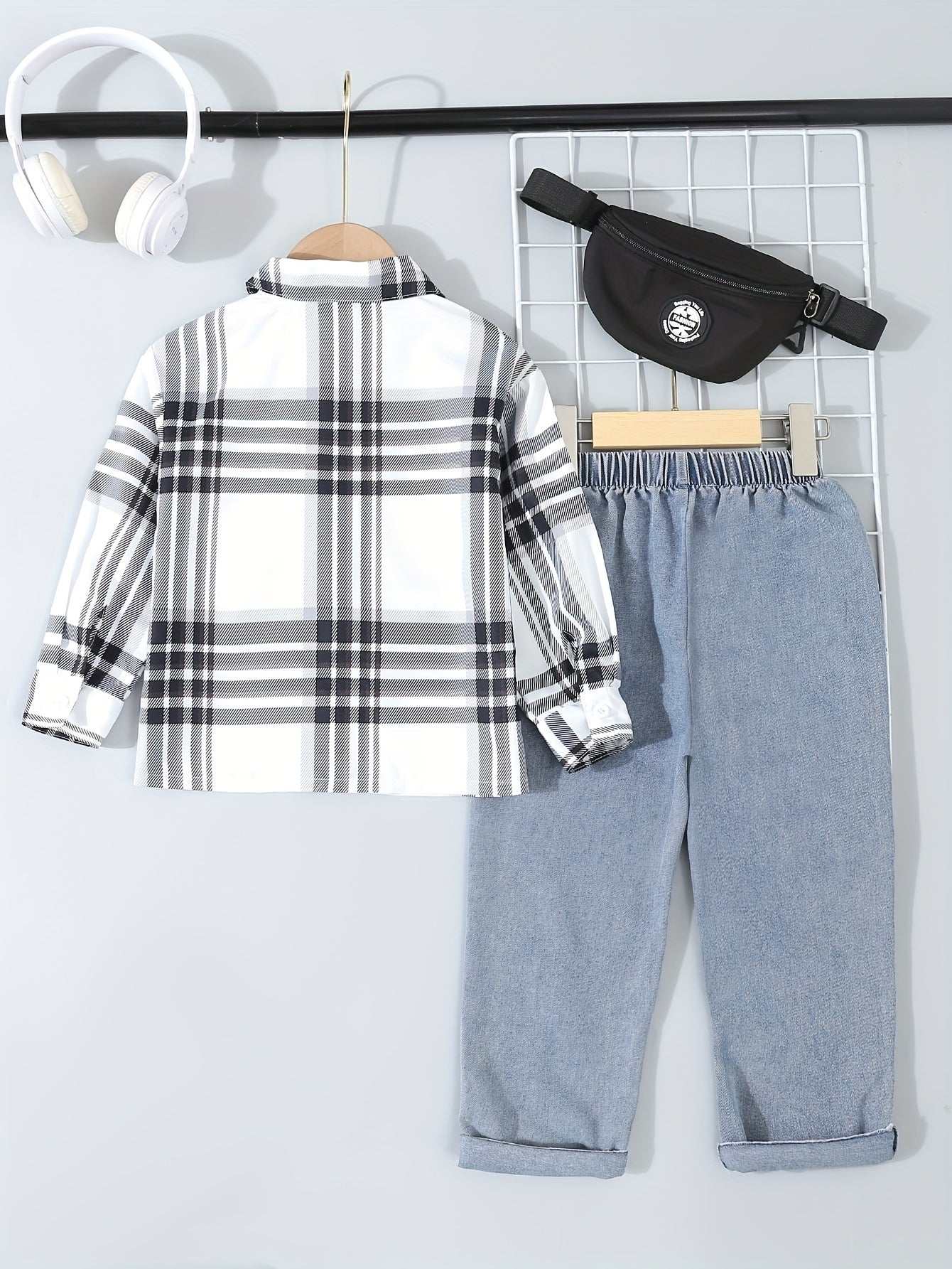 Boys' Casual Plaid Denim Shirt and Jeans Set Lightweight Polyester for Spring Fall